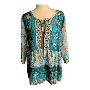 BROWN COCO-WOMENS BLUE FLORAL BOHO TOP-SIZE 2X